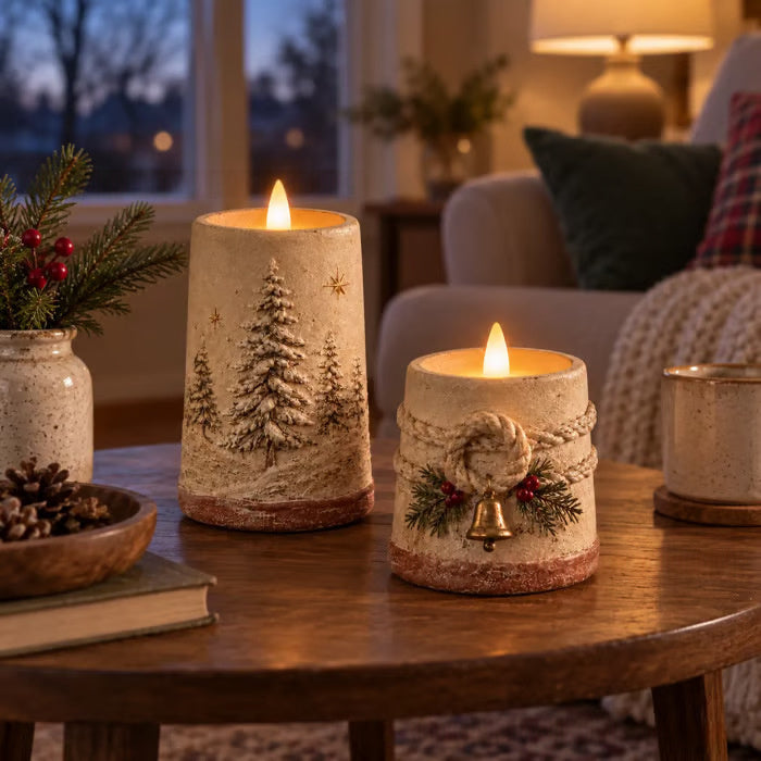 Vintage Christmas candle holder set of 2 glowing on a cozy living room table