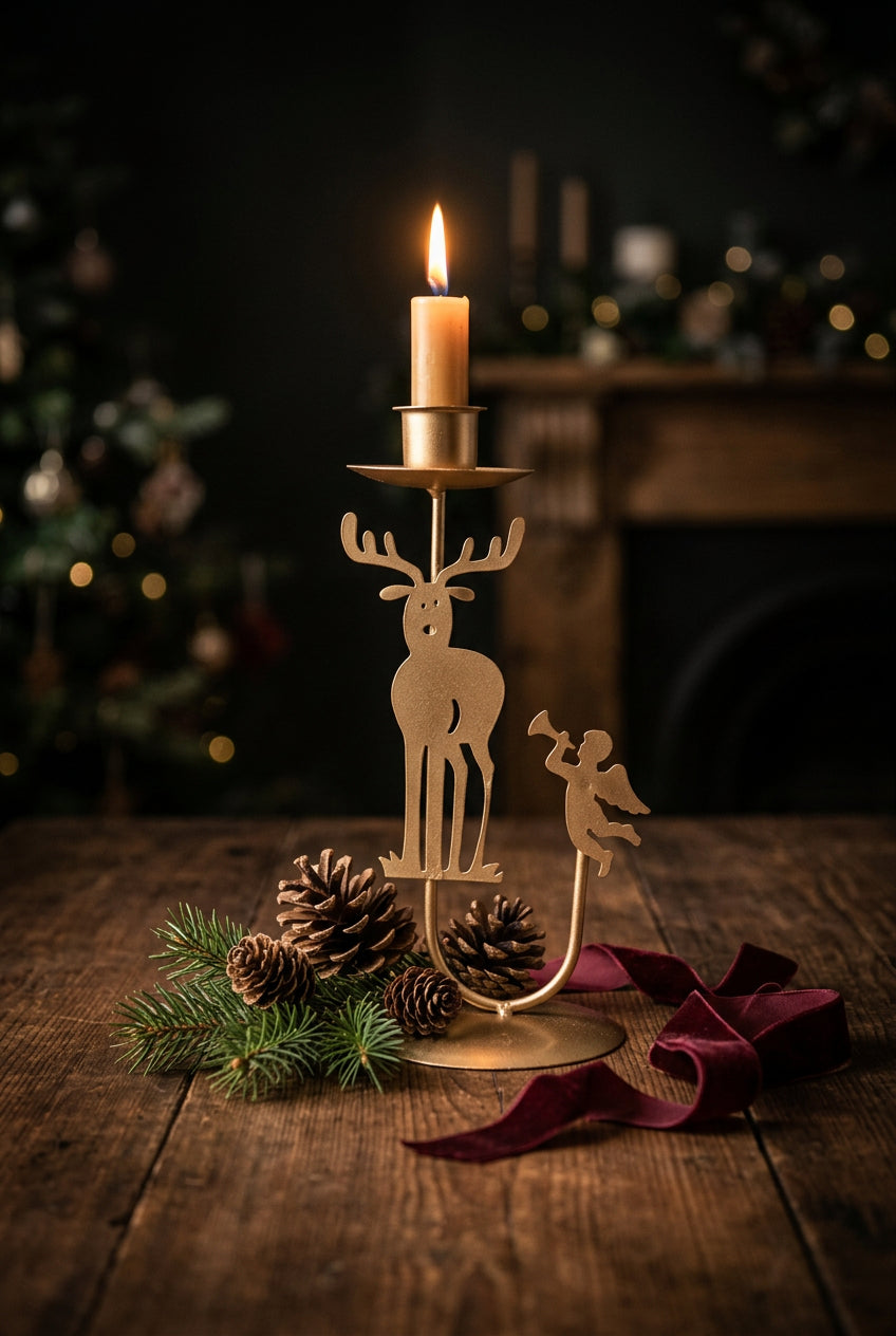 Vintage gold Christmas taper candlestick styled with pine and berries