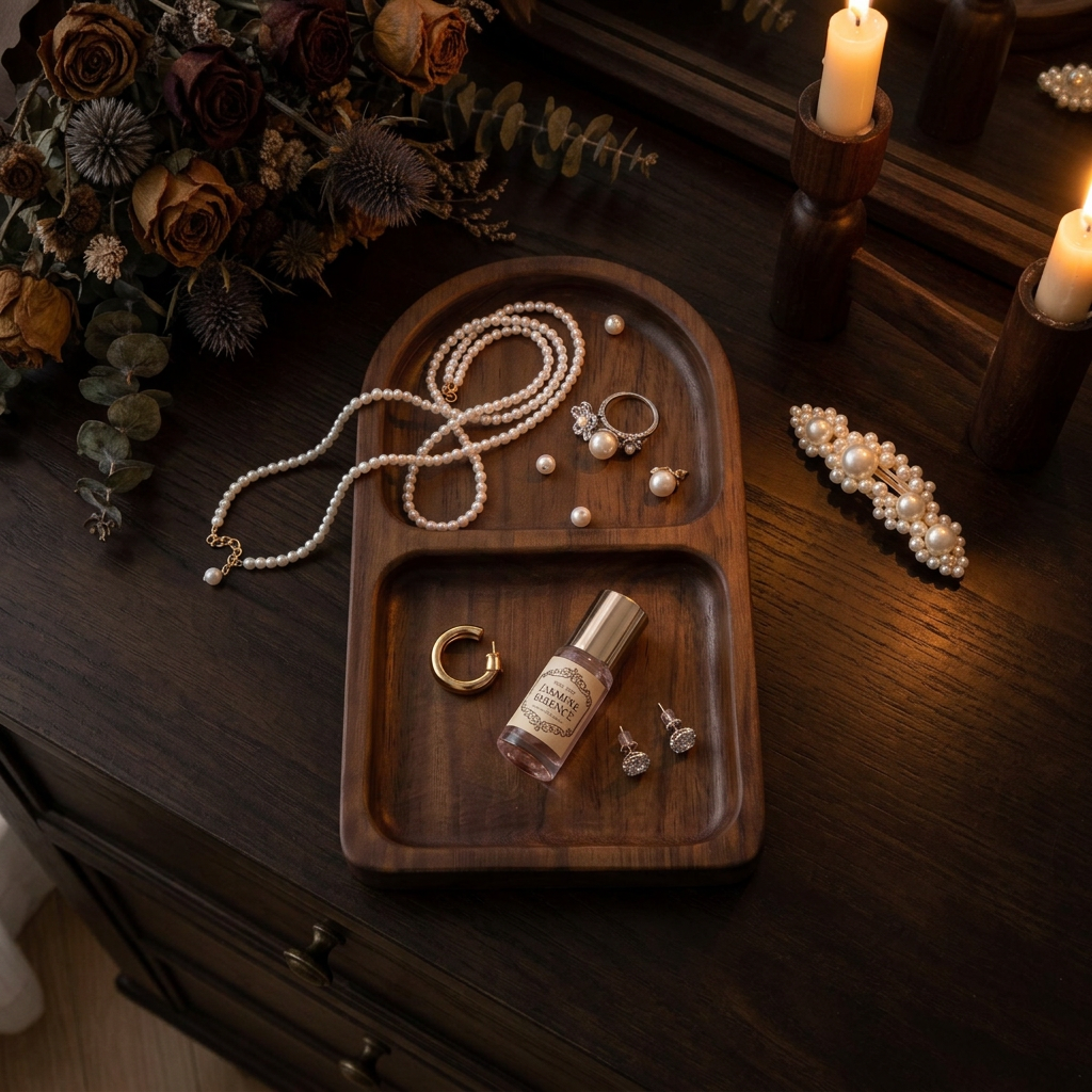 Arched acacia wood trinket tray with pearls