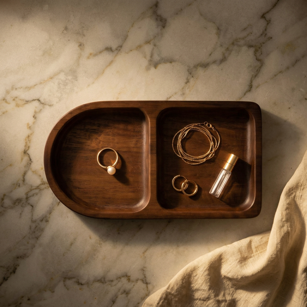 Acacia wood jewelry tray holding a gold chain