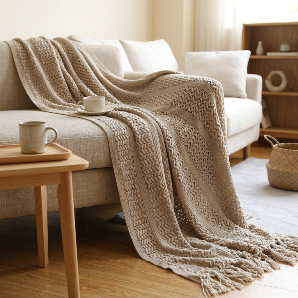 Beige knitted throw blanket draped on a sofa