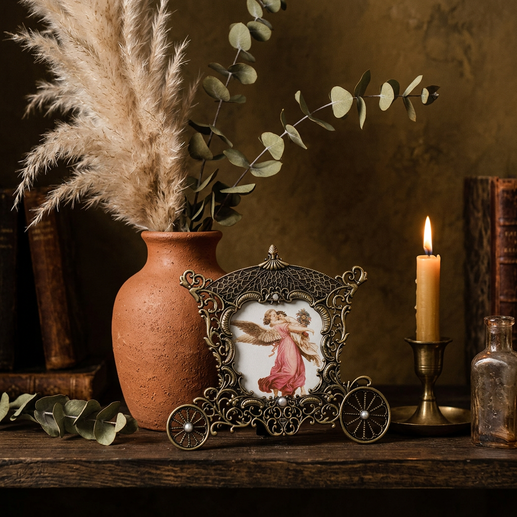 Antique bronze carriage photo frame on a moody shelf