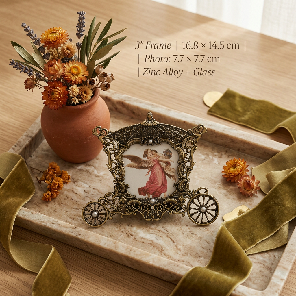 Bronze carriage photo frame styled on a tray