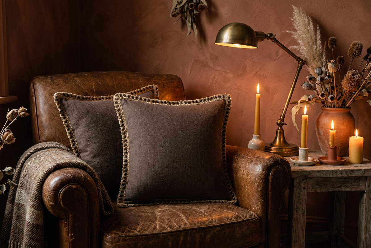 Brown jute rope trim pillow cover on a vintage chair