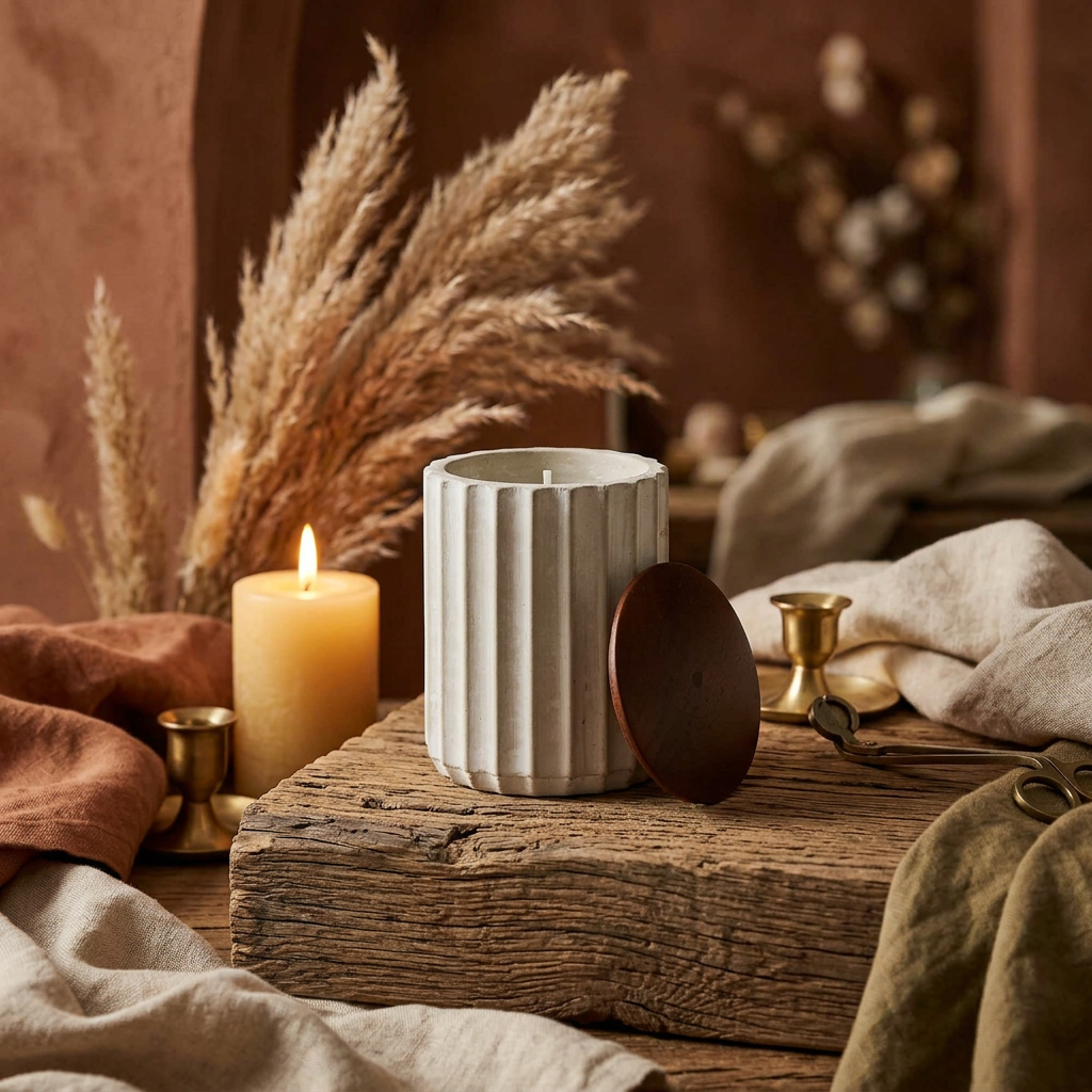 Fluted vanilla lavender candle on a shelf