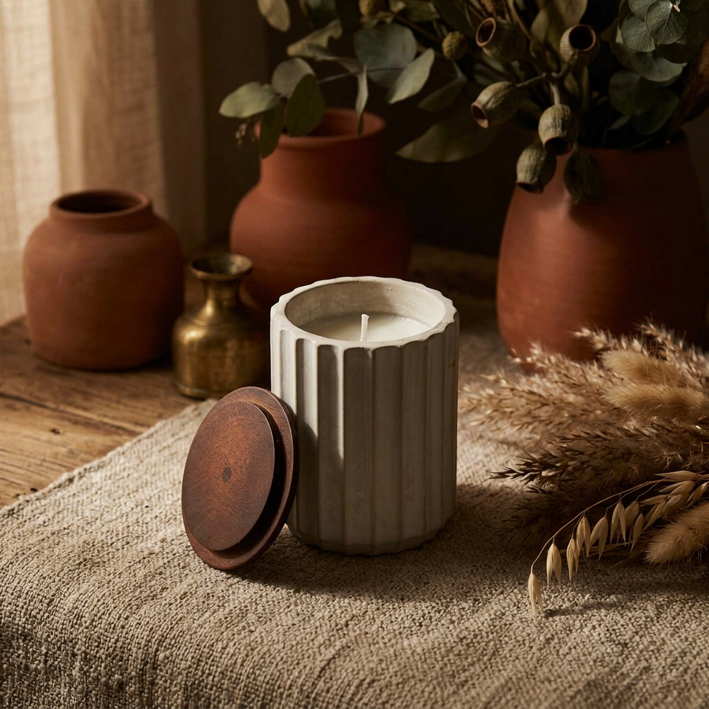 Lit vanilla lavender candle in a ribbed jar