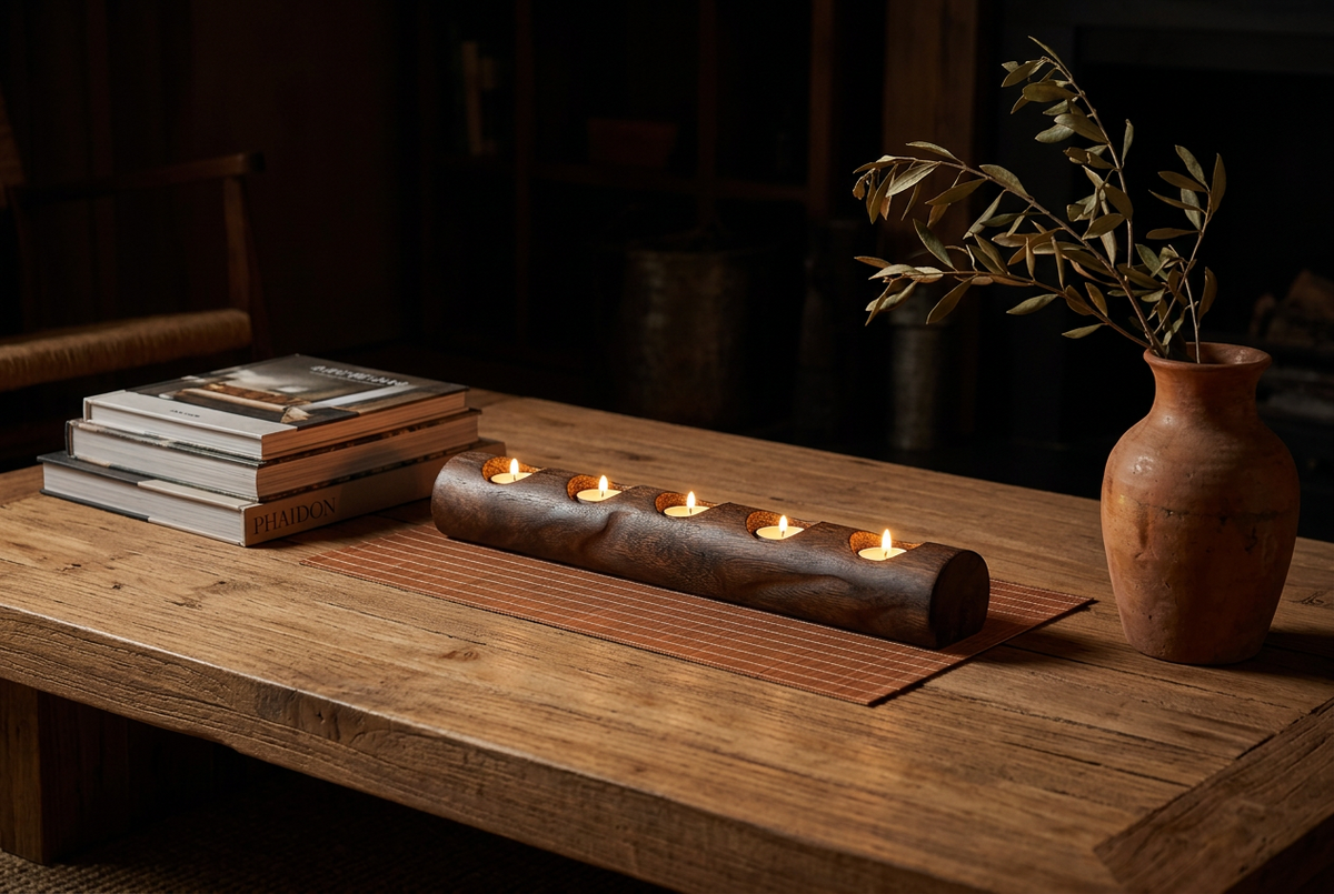 Wood log tea light holder on a coffee table