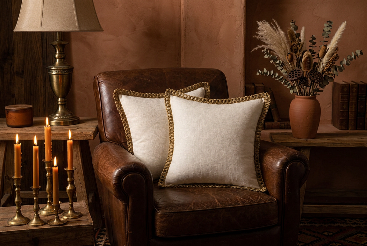 Creamy white jute rope trim pillow cover on a chair