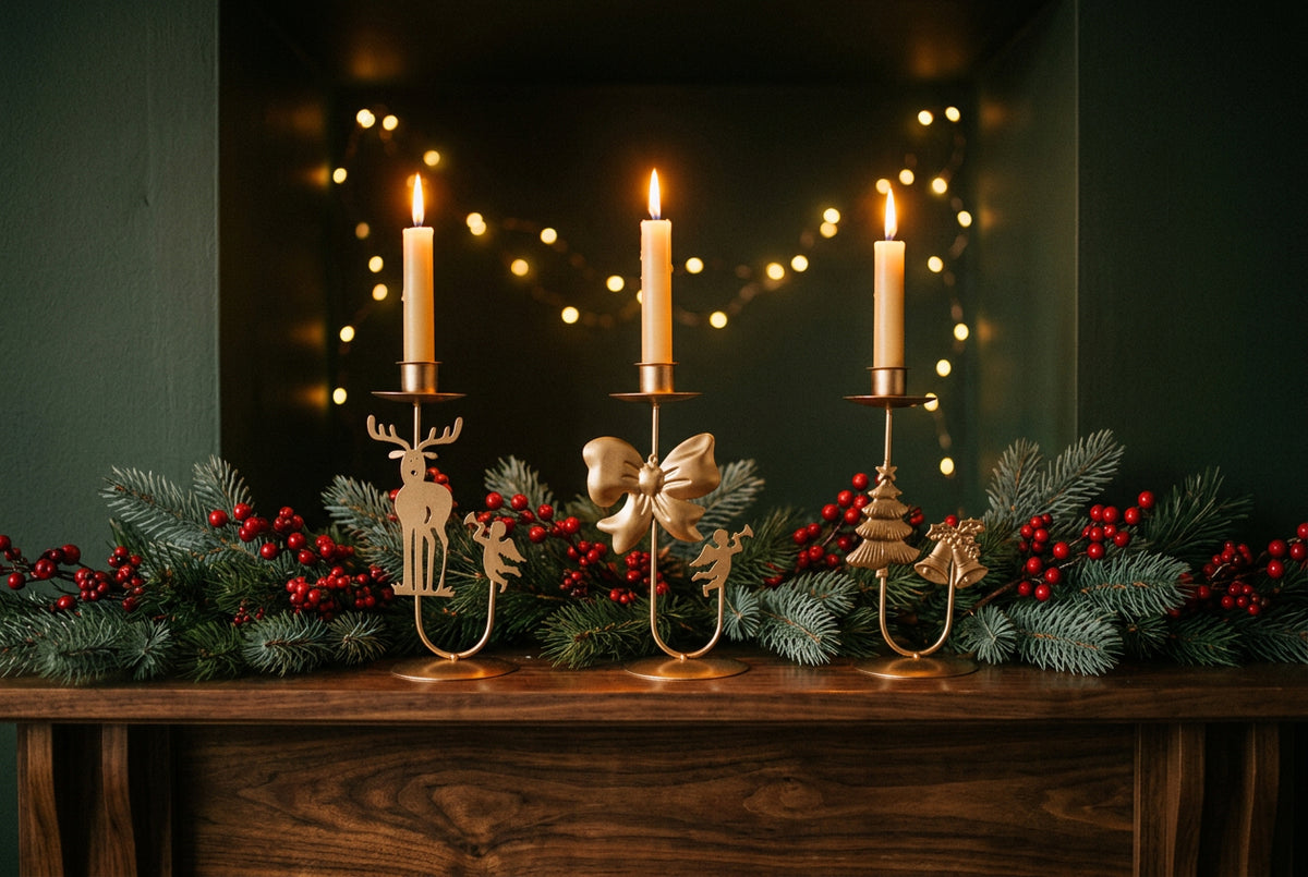Gold wrought iron Christmas candlesticks with taper candles on a holiday table