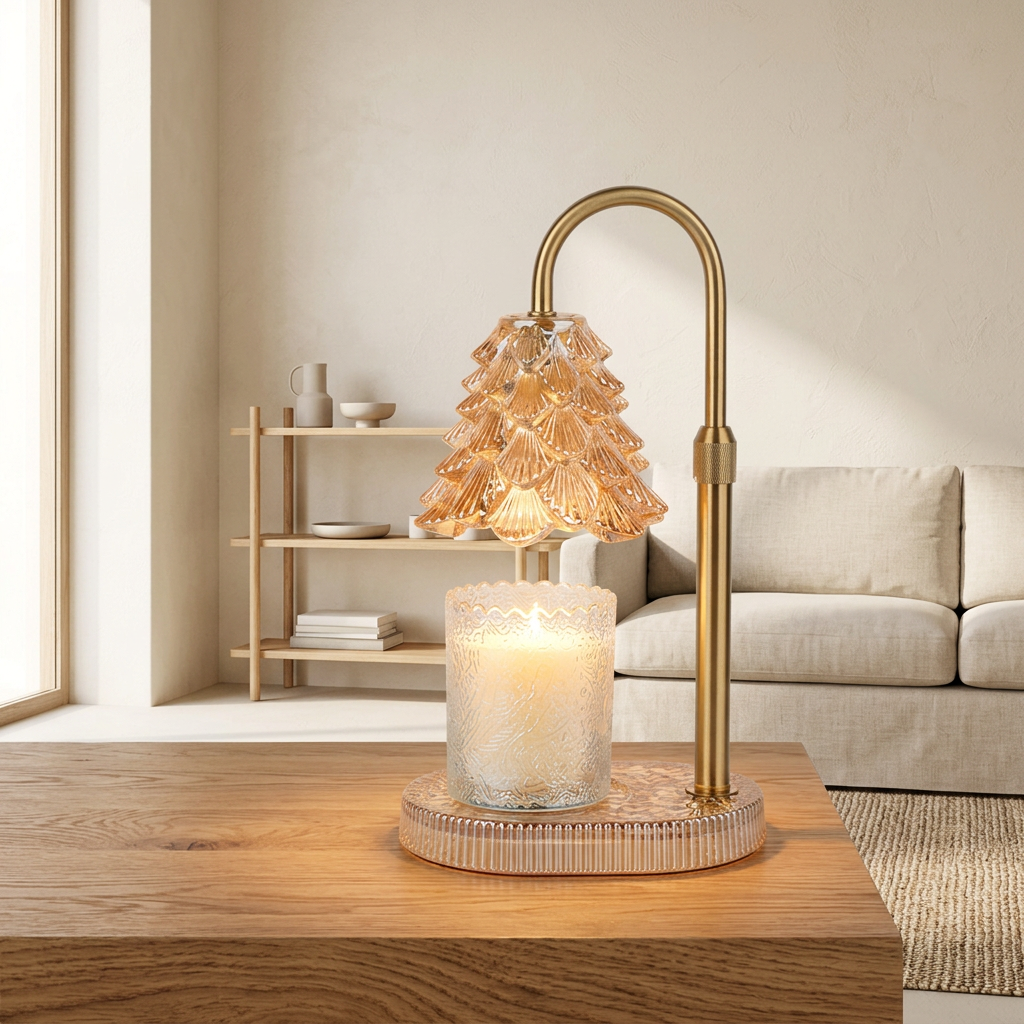 Amber glass candle warmer lamp glowing over a jar candle