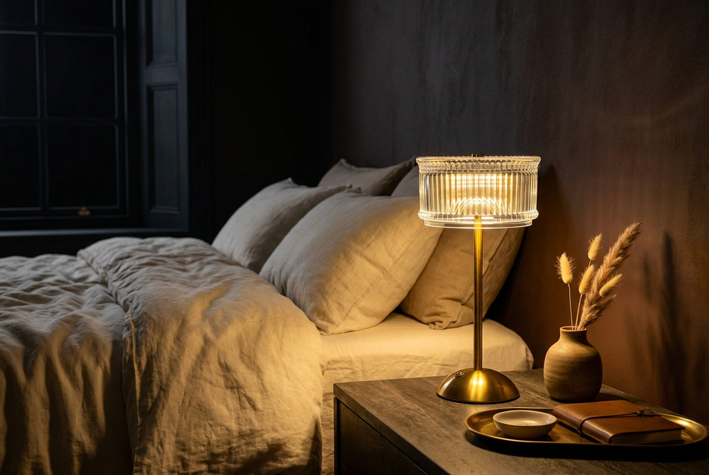 Crystal table lamp on moody bedroom nightstand - wide scene