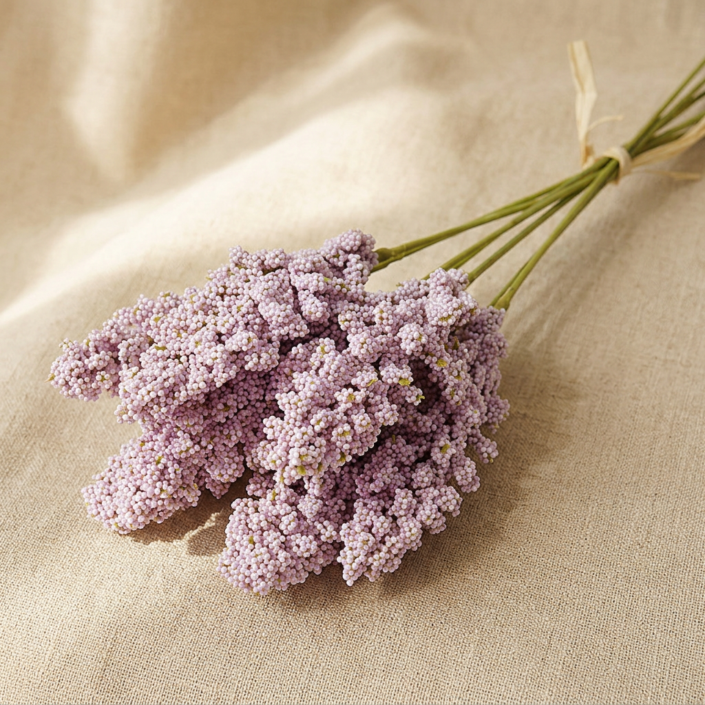 Light purple lavender-look faux wildflower bouquet on linen