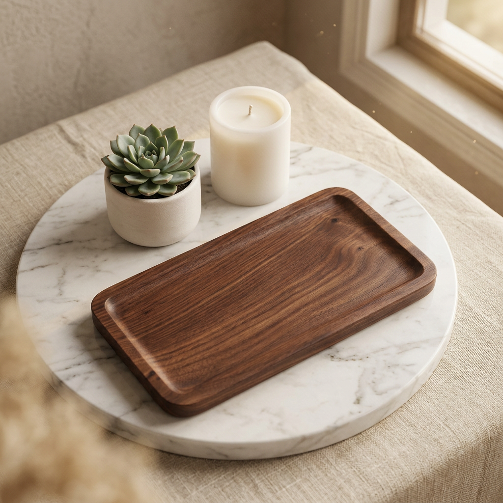 Dark walnut catchall tray on a nightstand
