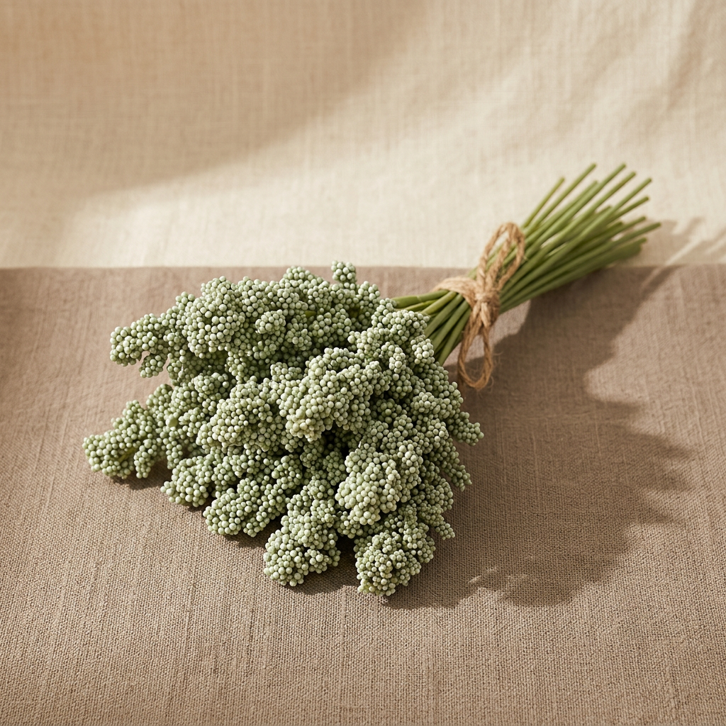 Dark green faux wildflower bouquet on linen