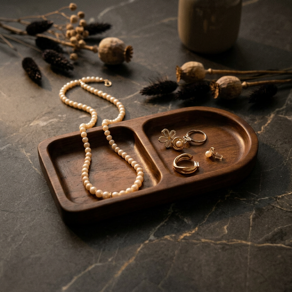 Acacia wood jewelry tray with pearl rings