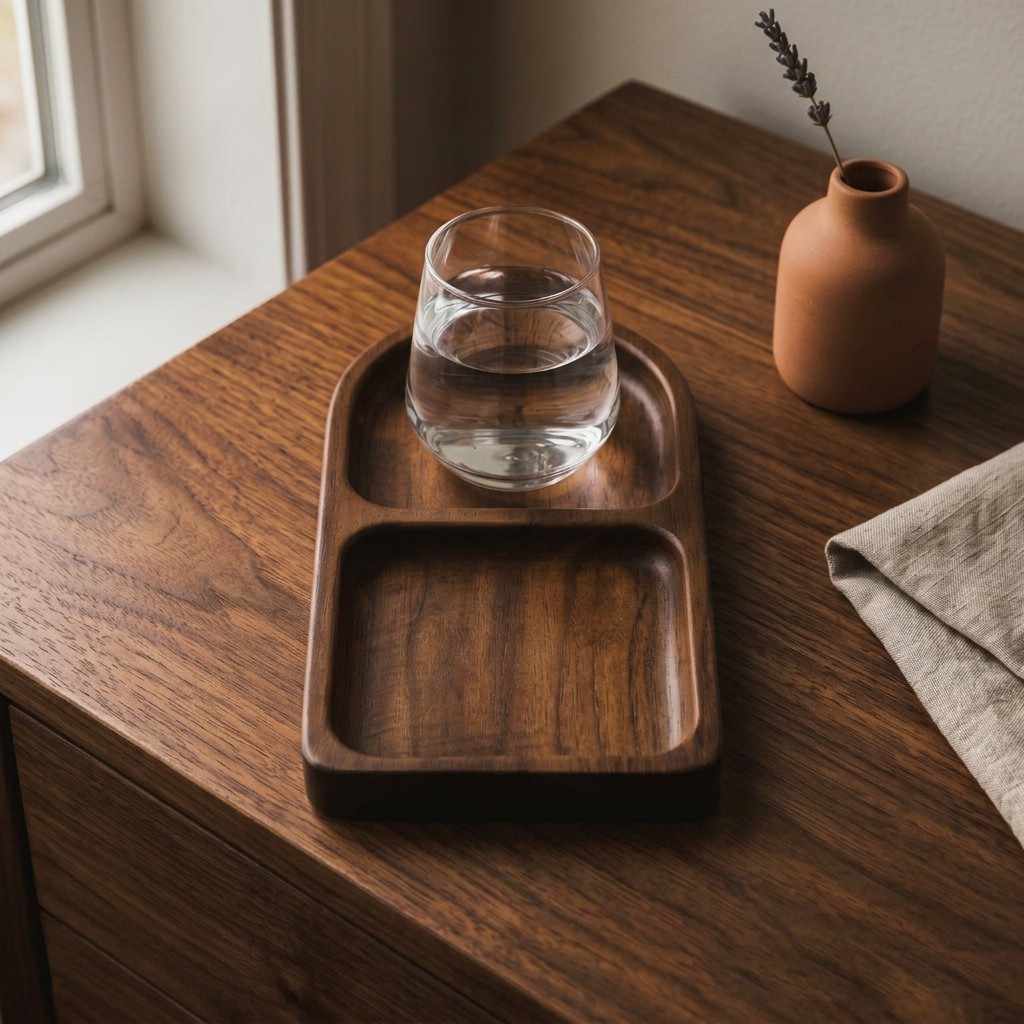Acacia wood tray on a nightstand in natural light