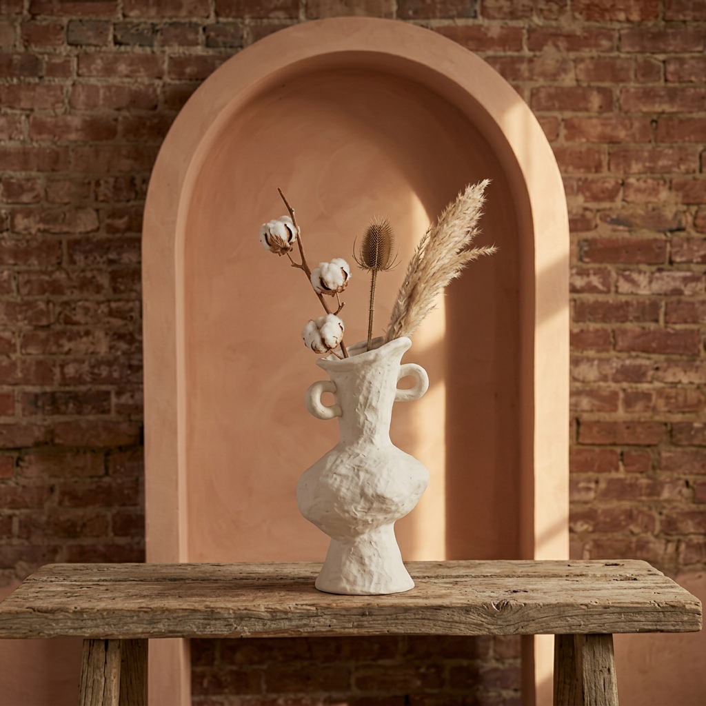 Matte white stoneware vase on an arched shelf