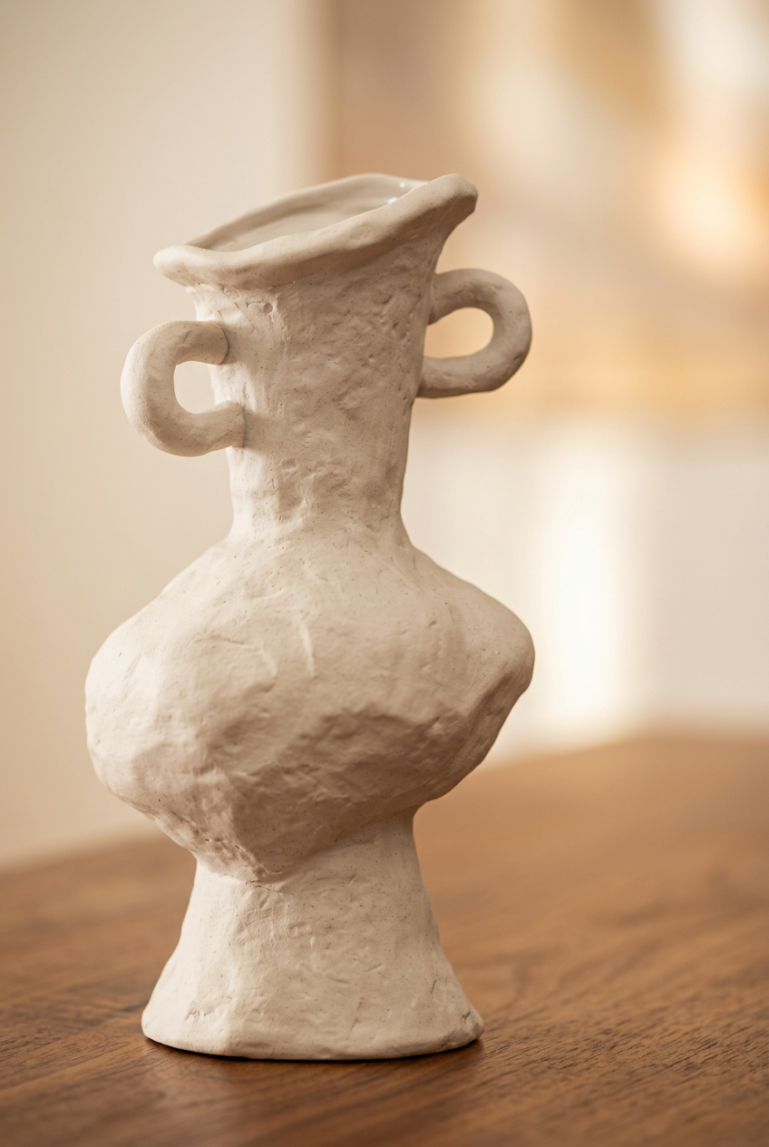 Close-up of textured matte white stoneware vase