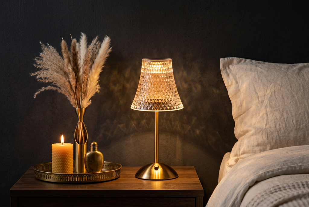 Cordless Glass Table Lamp – Rechargeable Gold LED Nightstand Light ...
